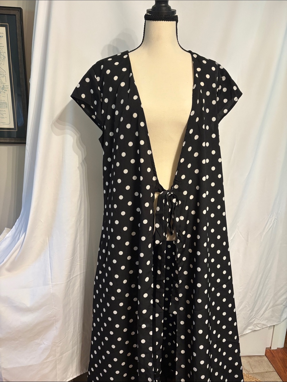 Celmia Collection Flowy Maxi Kimono Black With White Polka Dots. NWT SZ L